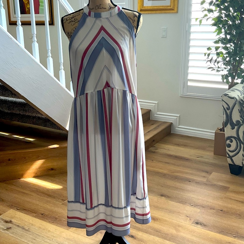 Striped Halter Midi Dress in White, Blue & Pink
